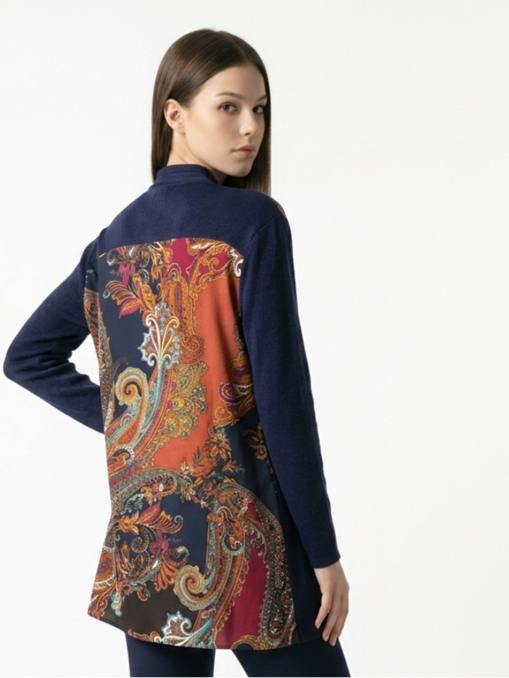 CHICOS Cardigan Sweater Paisley Woven Back Navy Blue Navy Blue Orange Lightweigh